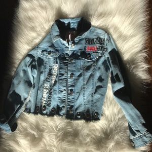 Denim jacket with red,white,red inspiring words